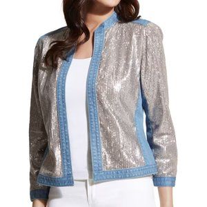 Chico's Sequins Denim Jacket Size 1/M Taylor Swift Cowgirl Glam Summer